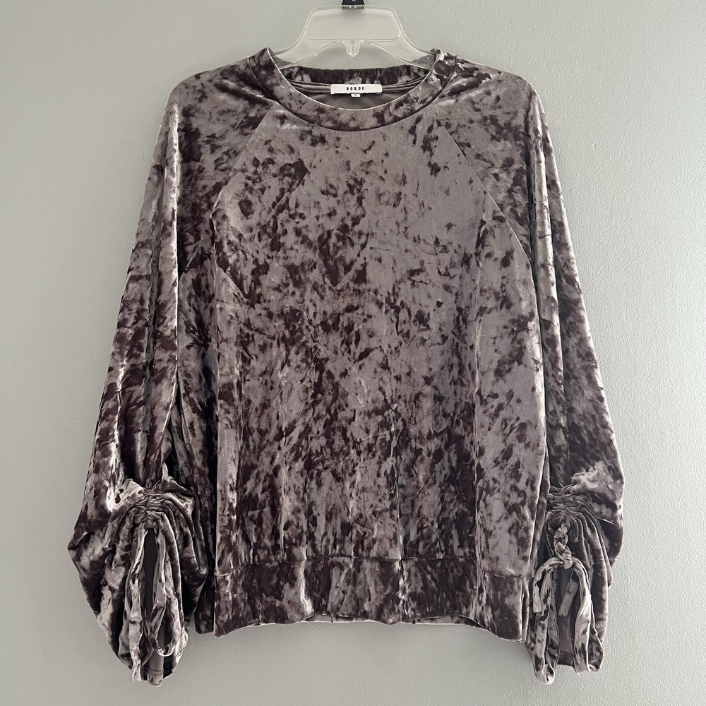 Ro & De Velvet Crewneck Long Sleeve Top Size‎ Small Purple Gathered Ruched